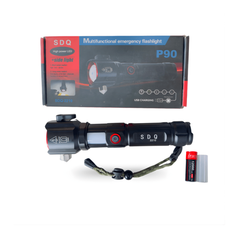 SDQ 2210 Multifunctional Emergency Flashlight shown below its red and blue packaging box, alongside a rechargeable battery.