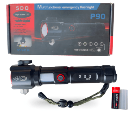 SDQ 2210 Multifunctional Emergency Flashlight shown below its red and blue packaging box, alongside a rechargeable battery.